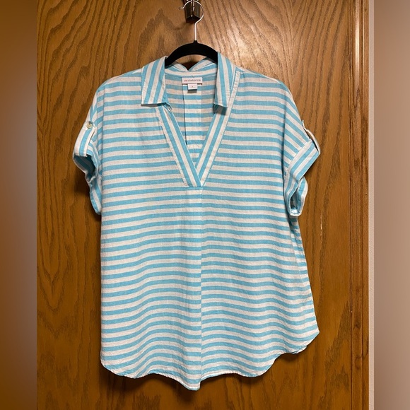 Liz Claiborne L Aqua & White Linen Blend Striped Short Cap Sleeve Top EUC - Picture 1 of 6